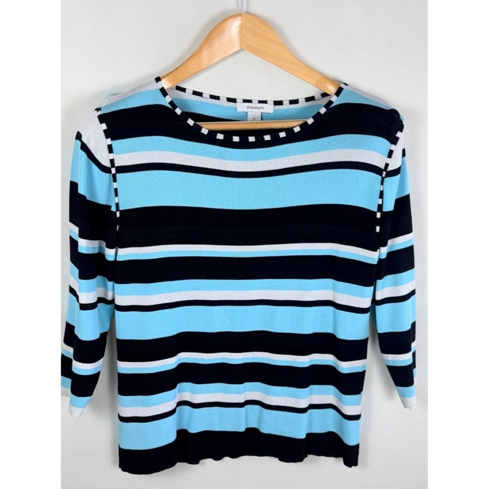 Dressbarn Striped Knit Top Medium Blue Black White 3/4 Sleeve Stretch Preppy